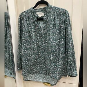 Trovata Birds of Paradis Bailey Long Sleeve Floral Top Green Button Popover EUC